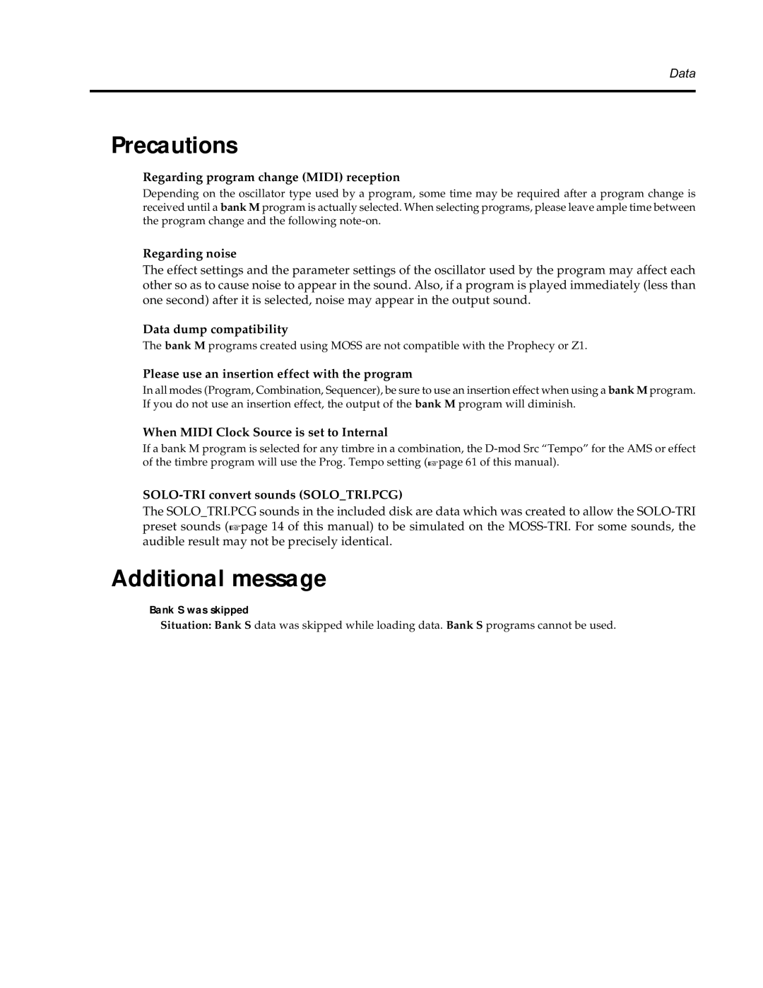 Korg Synthesizer manual Precautions, Additional message, Bank S was skipped 