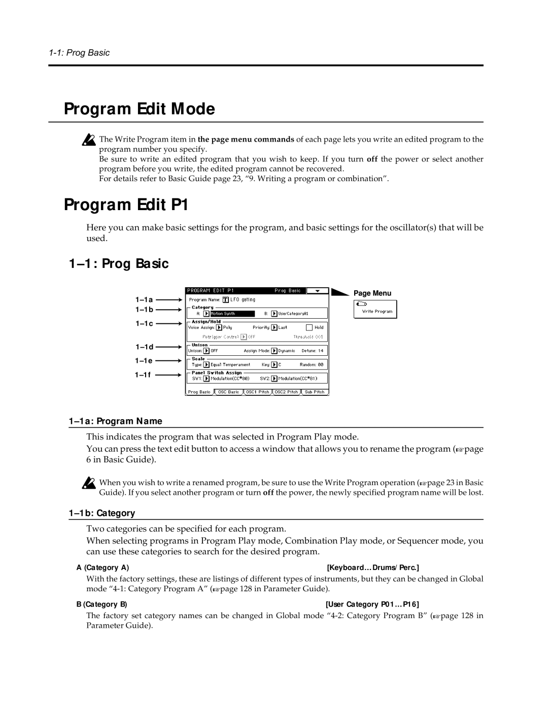 Korg Synthesizer manual Program Edit Mode, Program Edit P1, Prog Basic, 1a Program Name, 1b Category 