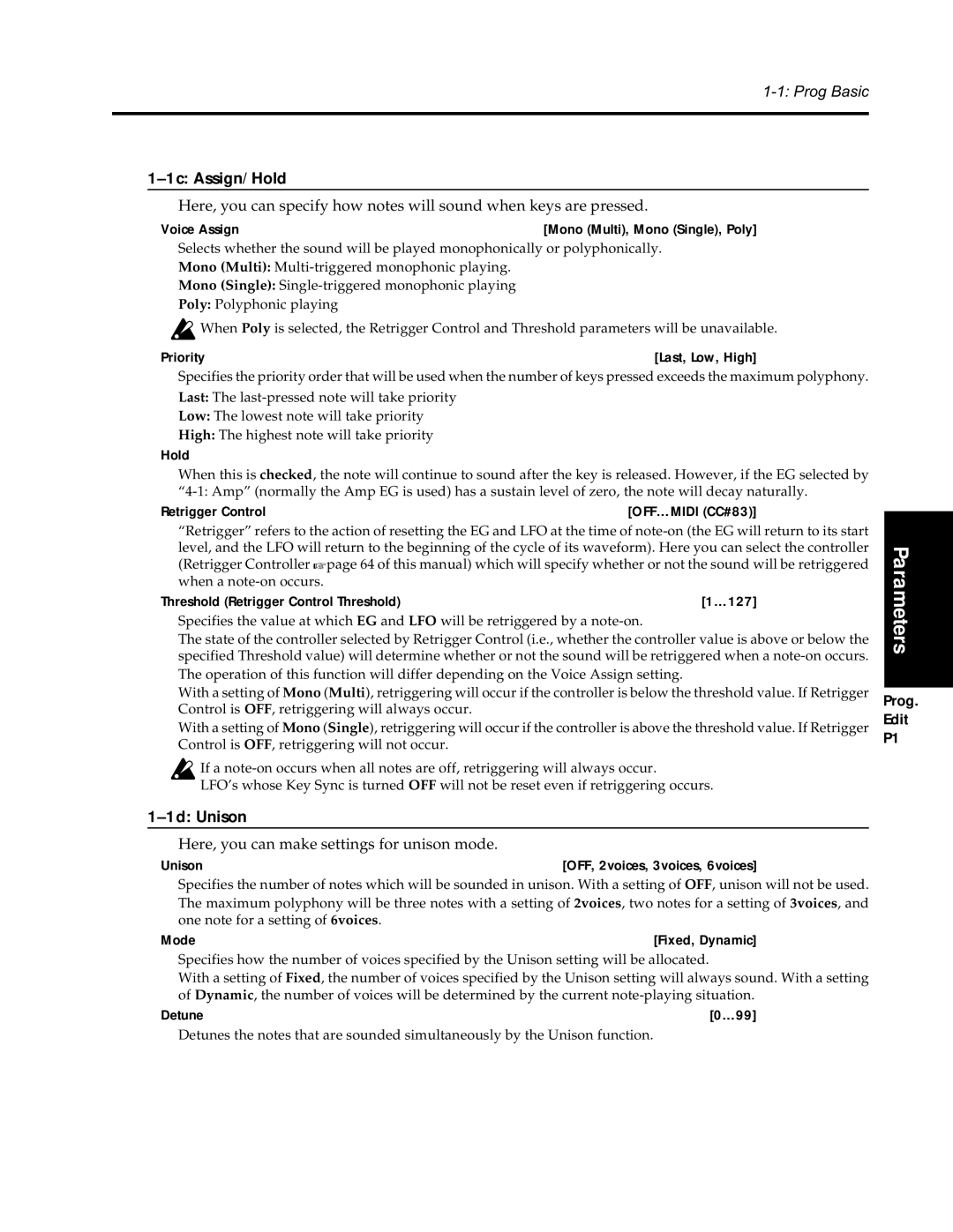 Korg Synthesizer manual 1c Assign/Hold, 1d Unison 