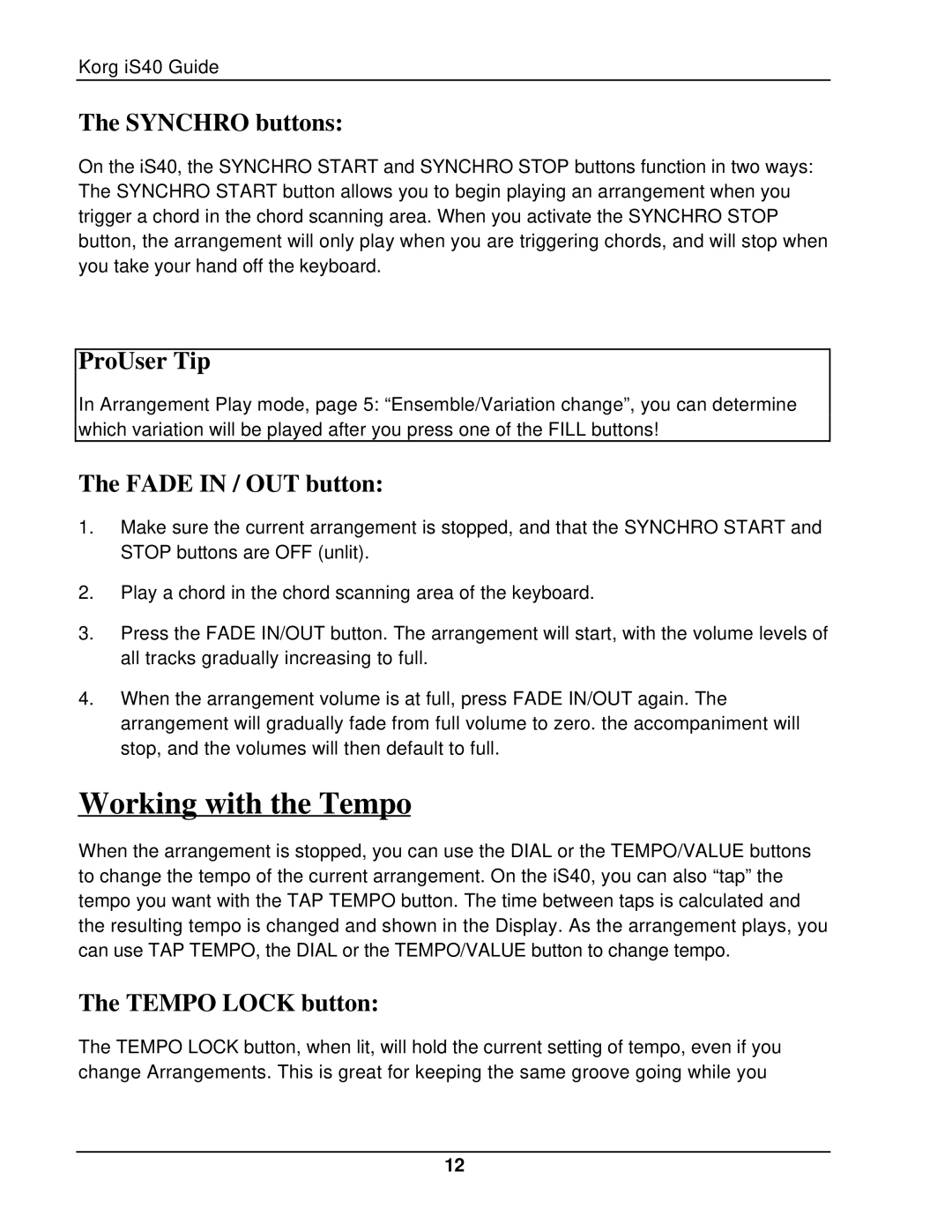 Korg The iS40 manual Working with the Tempo, Synchro buttons, Fade in / OUT button, Tempo Lock button 