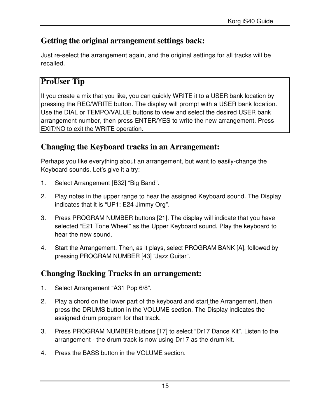 Korg The iS40 manual Getting the original arrangement settings back, Changing the Keyboard tracks in an Arrangement 