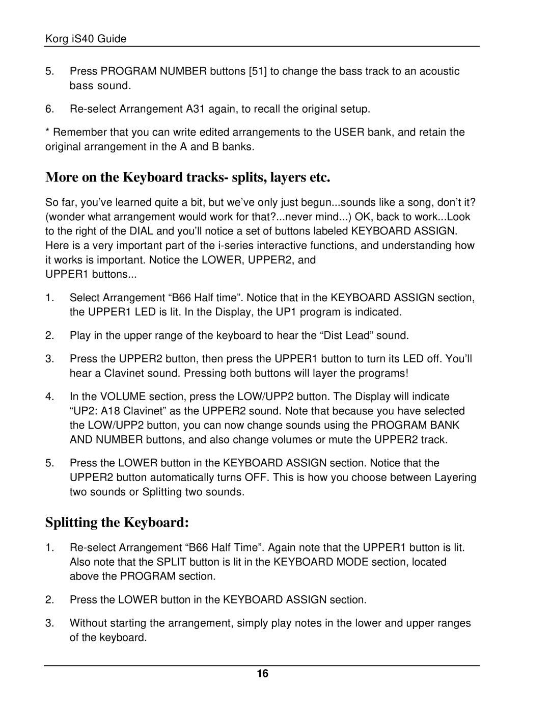 Korg The iS40 manual More on the Keyboard tracks- splits, layers etc, Splitting the Keyboard 