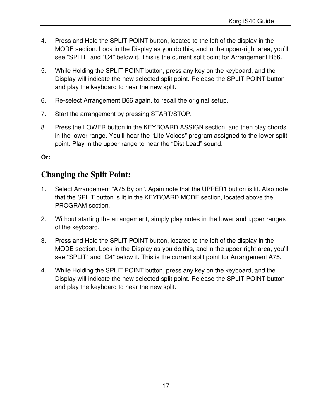 Korg The iS40 manual Changing the Split Point 