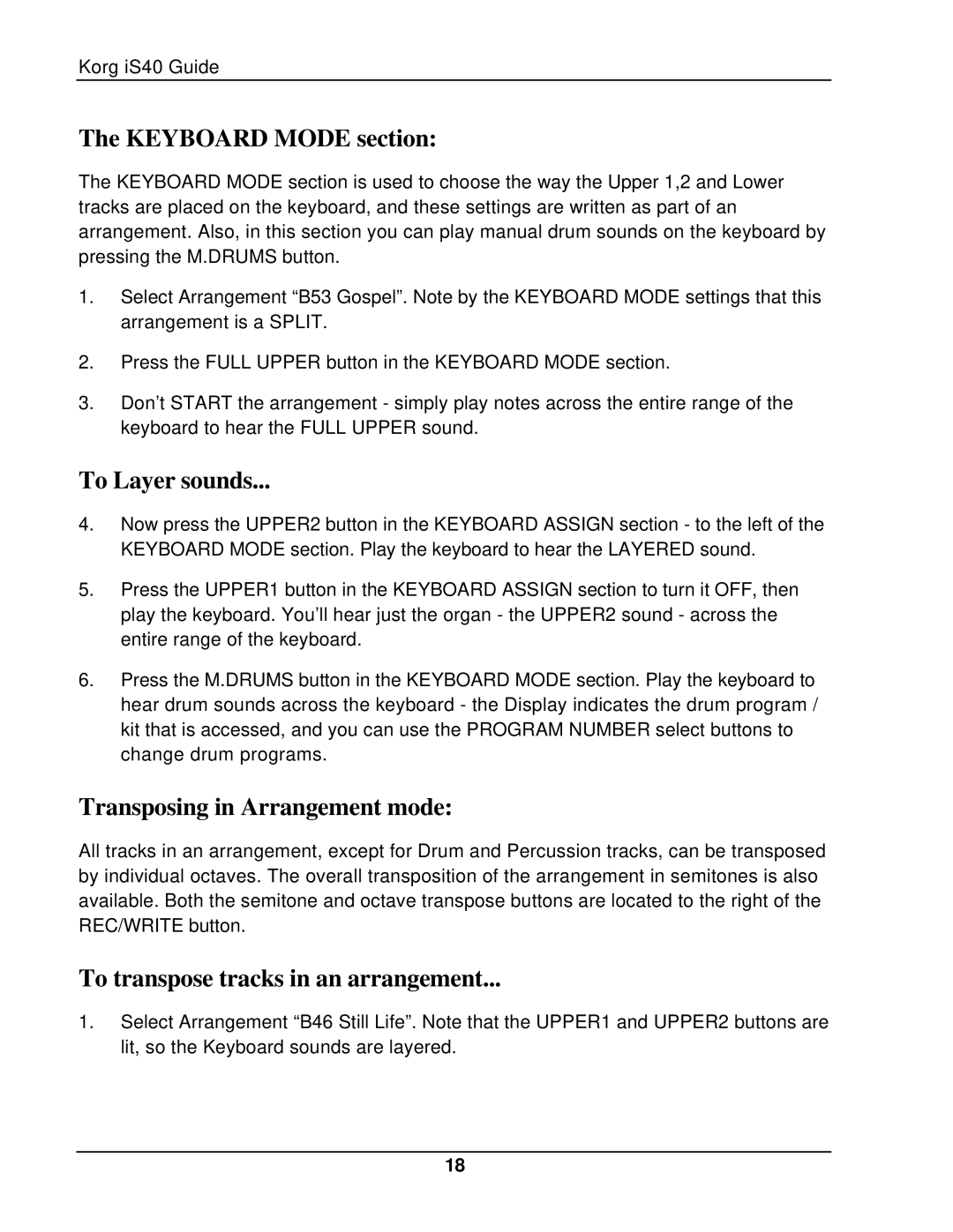 Korg The iS40 manual Keyboard Mode section, To Layer sounds, Transposing in Arrangement mode 