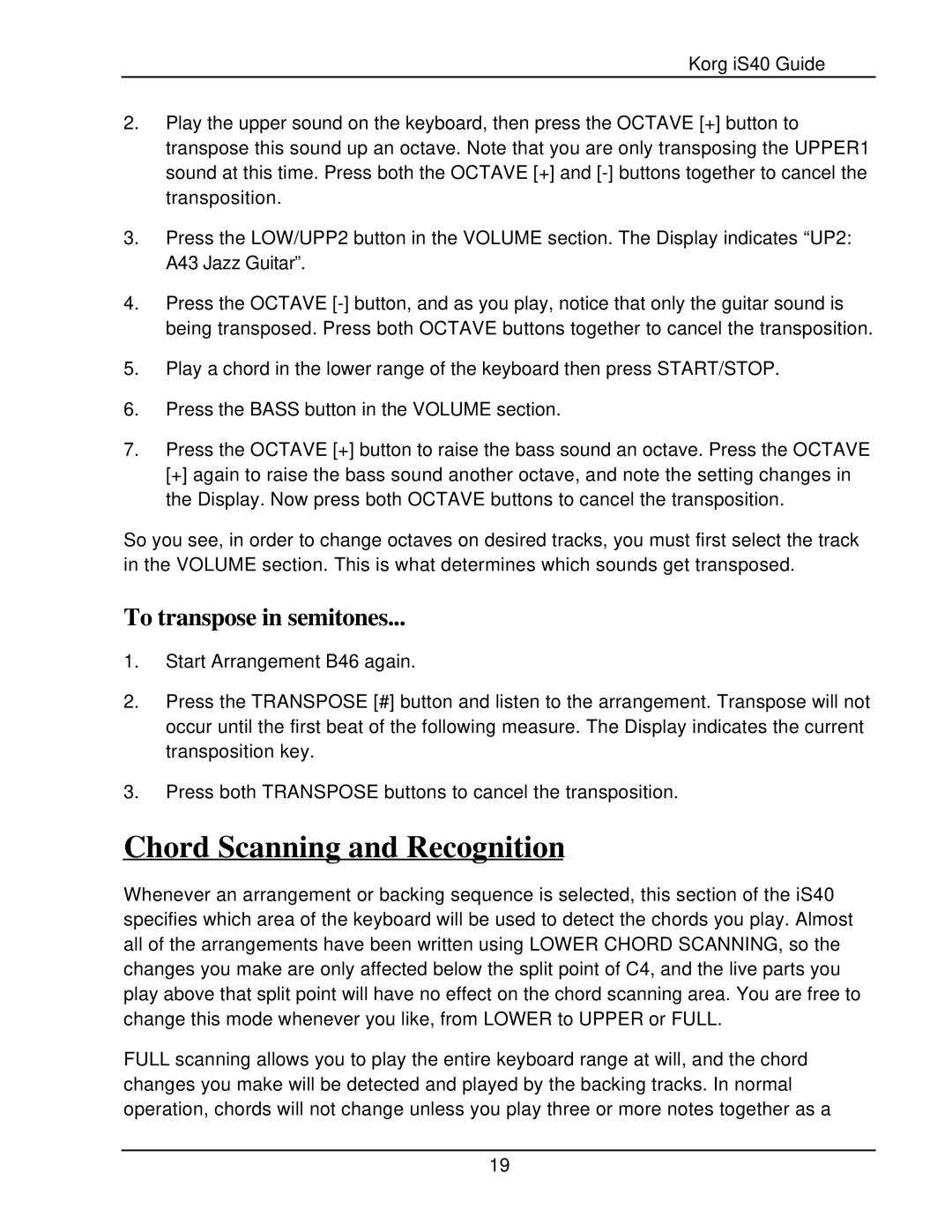 Korg The iS40 manual Chord Scanning and Recognition, To transpose in semitones 