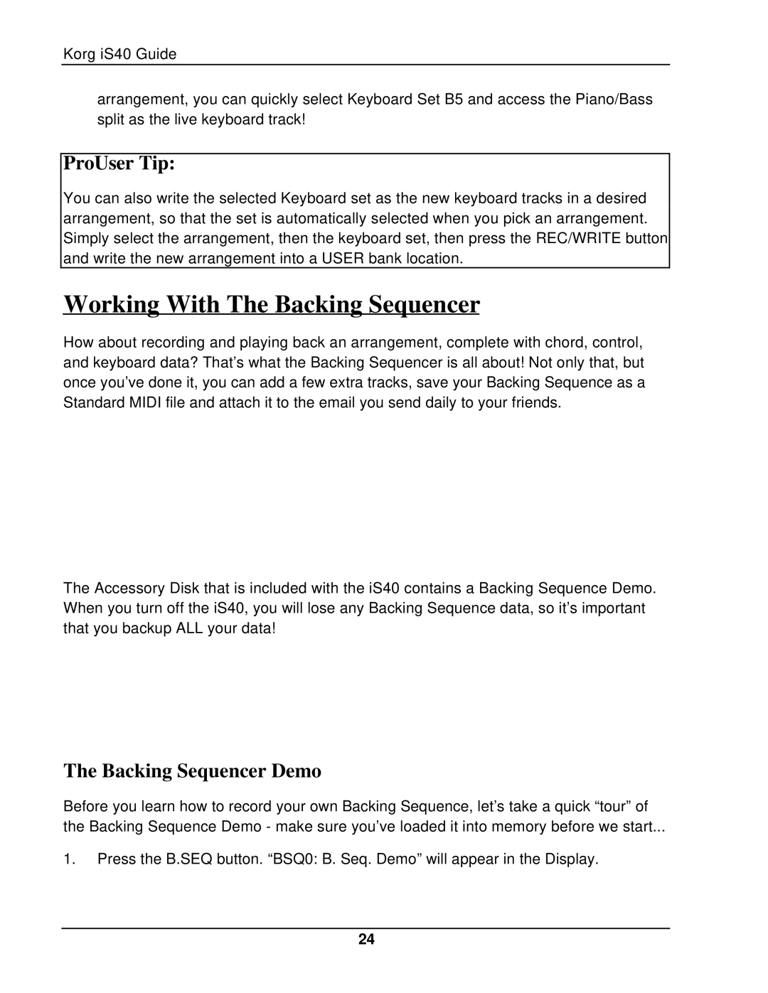 Korg The iS40 manual Working With The Backing Sequencer, Backing Sequencer Demo 