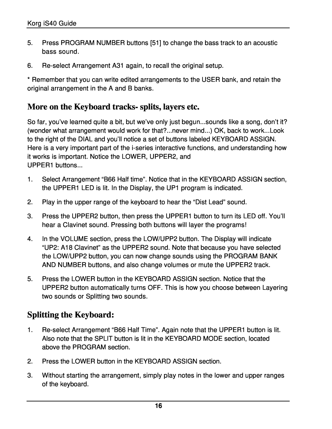 Korg The iS40 manual More on the Keyboard tracks- splits, layers etc, Splitting the Keyboard 