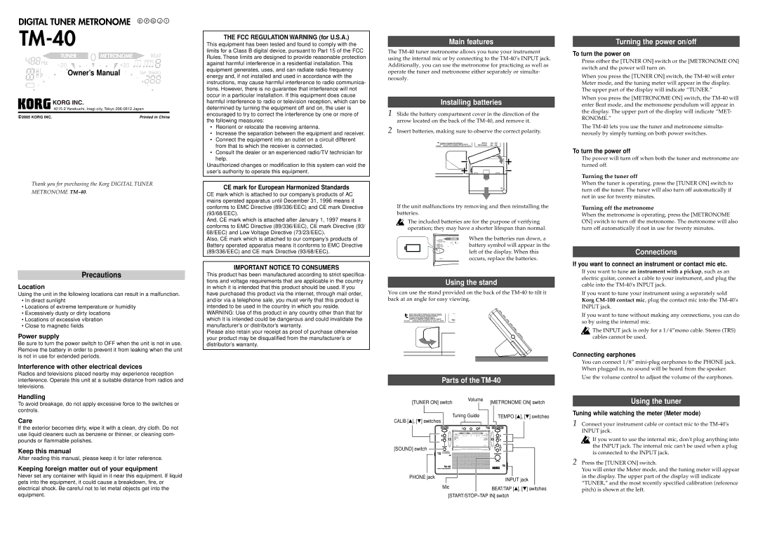 Korg owner manual Main features, Installing batteries, Using the stand, Parts of the TM-40, Turning the power on/off 