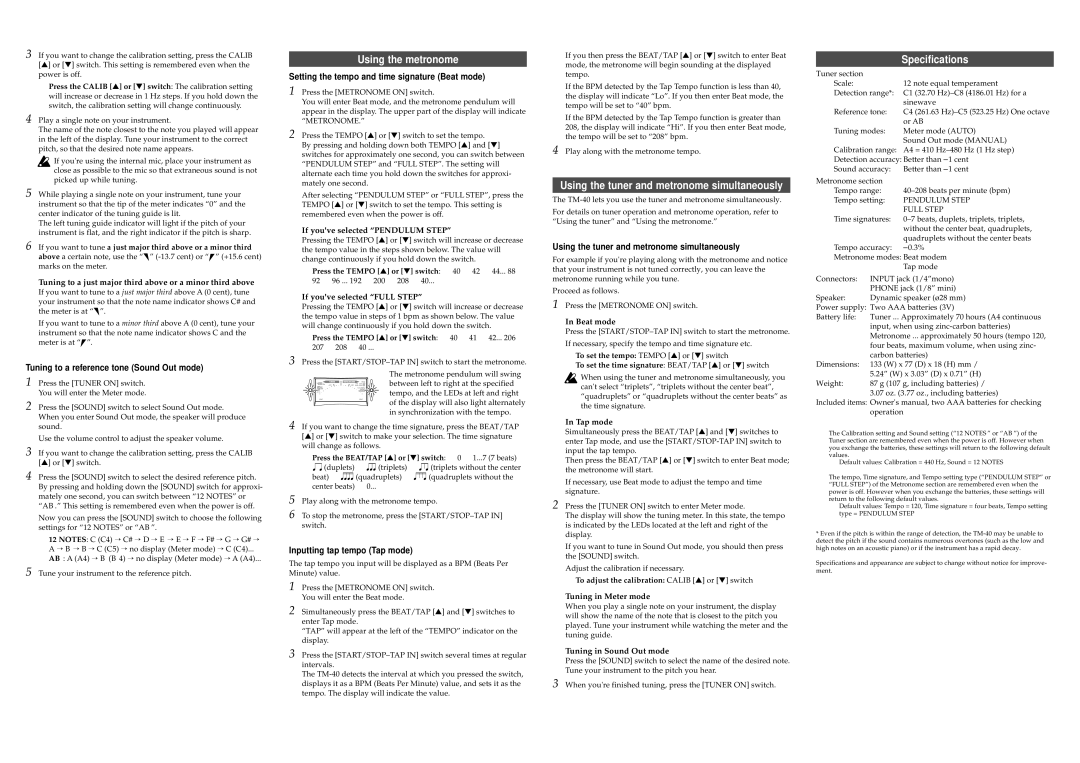 Korg TM-40 owner manual Using the metronome, Using the tuner and metronome simultaneously, Specifications 