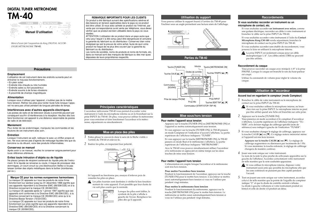 Korg Principales caractéristiques, Mise en place des piles, Utilisation du support, Parties du TM-40, Raccordements 