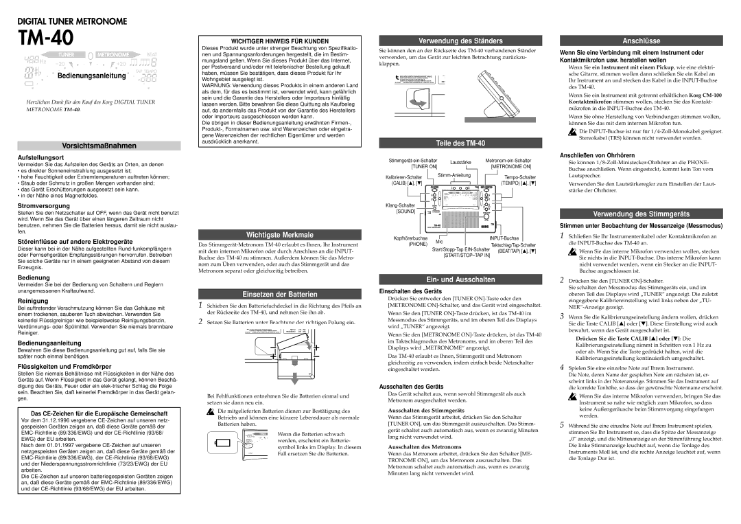 Korg owner manual Verwendung des Ständers, Teile des TM-40 Anschlüsse, Wichtigste Merkmale, Verwendung des Stimmgeräts 