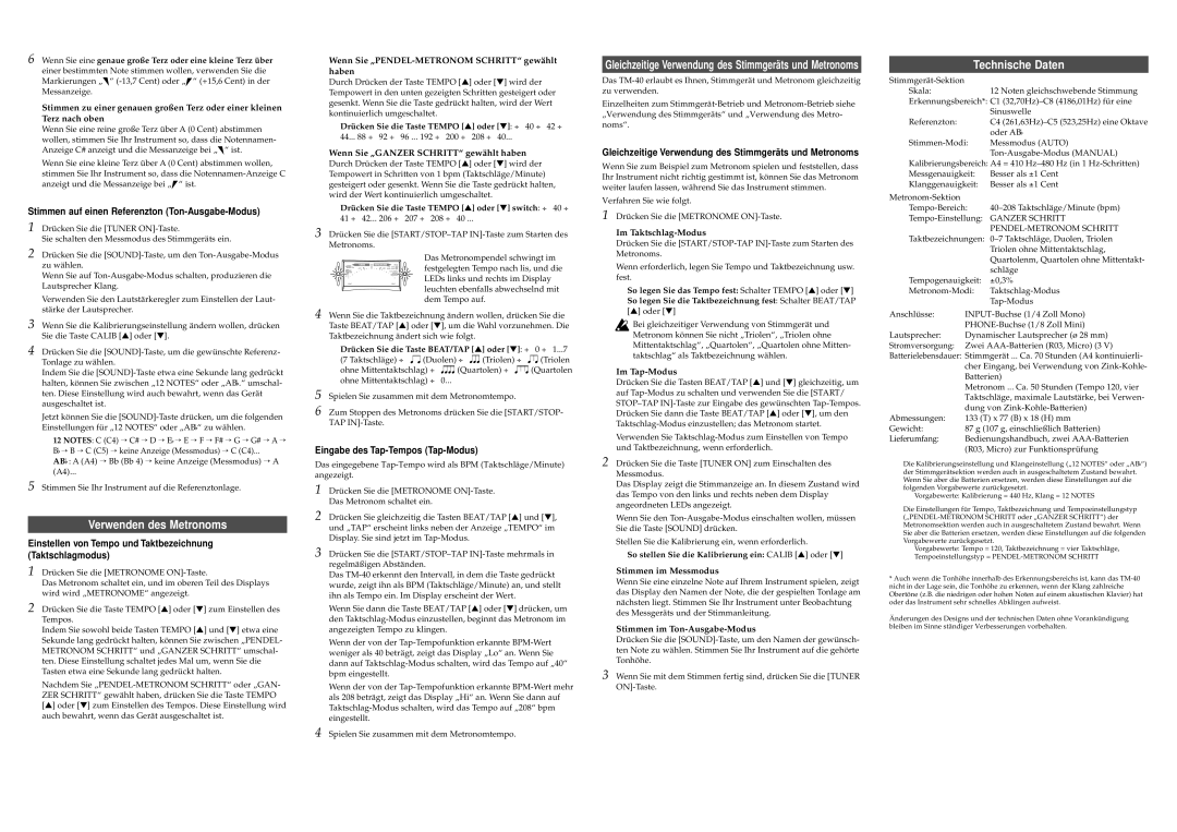 Korg TM-40 owner manual Verwenden des Metronoms, Technische Daten, Einstellen von Tempo und Taktbezeichnung Taktschlagmodus 