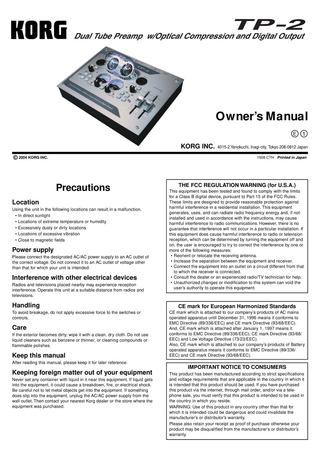 Korg TP-2 owner manual Location, Power supply, Interference with other electrical devices, Handling, Care 