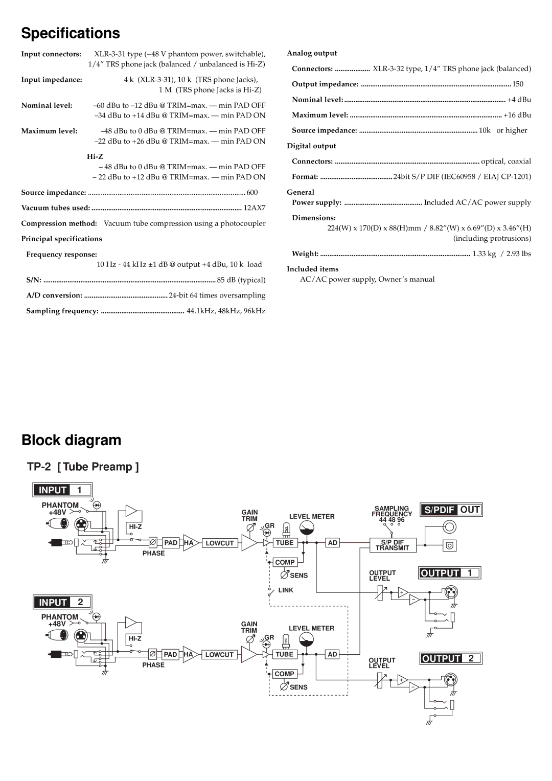 Korg TP-2 owner manual Specifications, Block diagram 