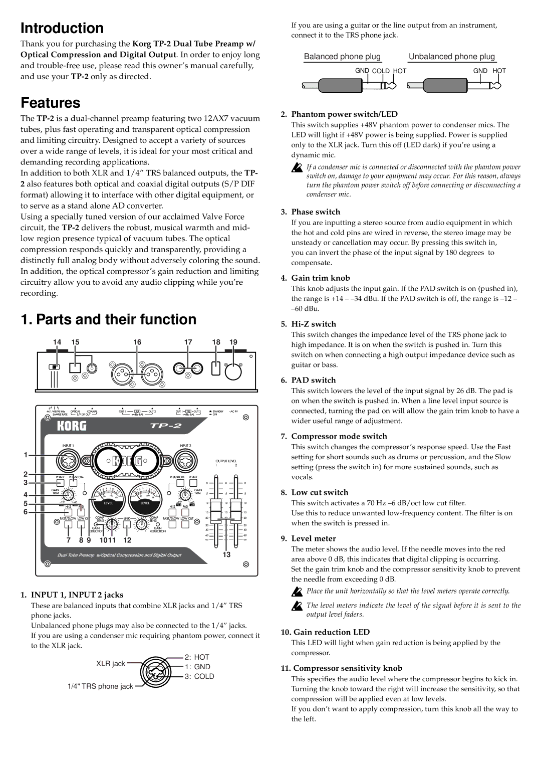 Korg TP-2 owner manual Introduction, Features, Parts and their function 