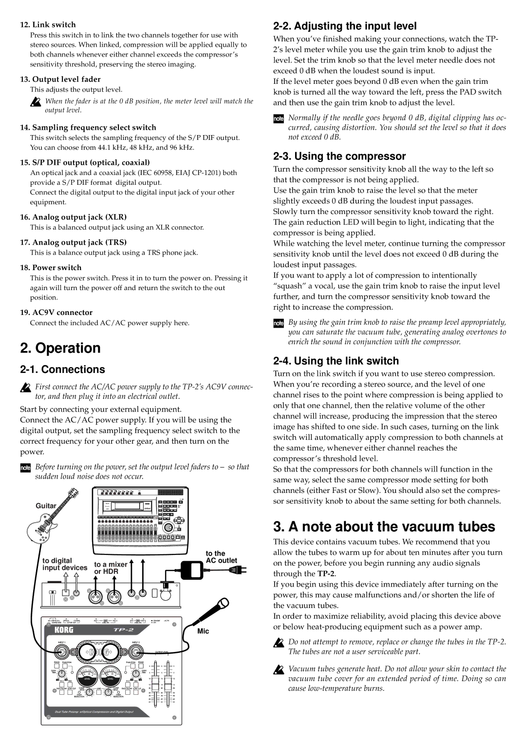 Korg TP-2 owner manual Operation, Connections, Adjusting the input level, Using the compressor, Using the link switch 