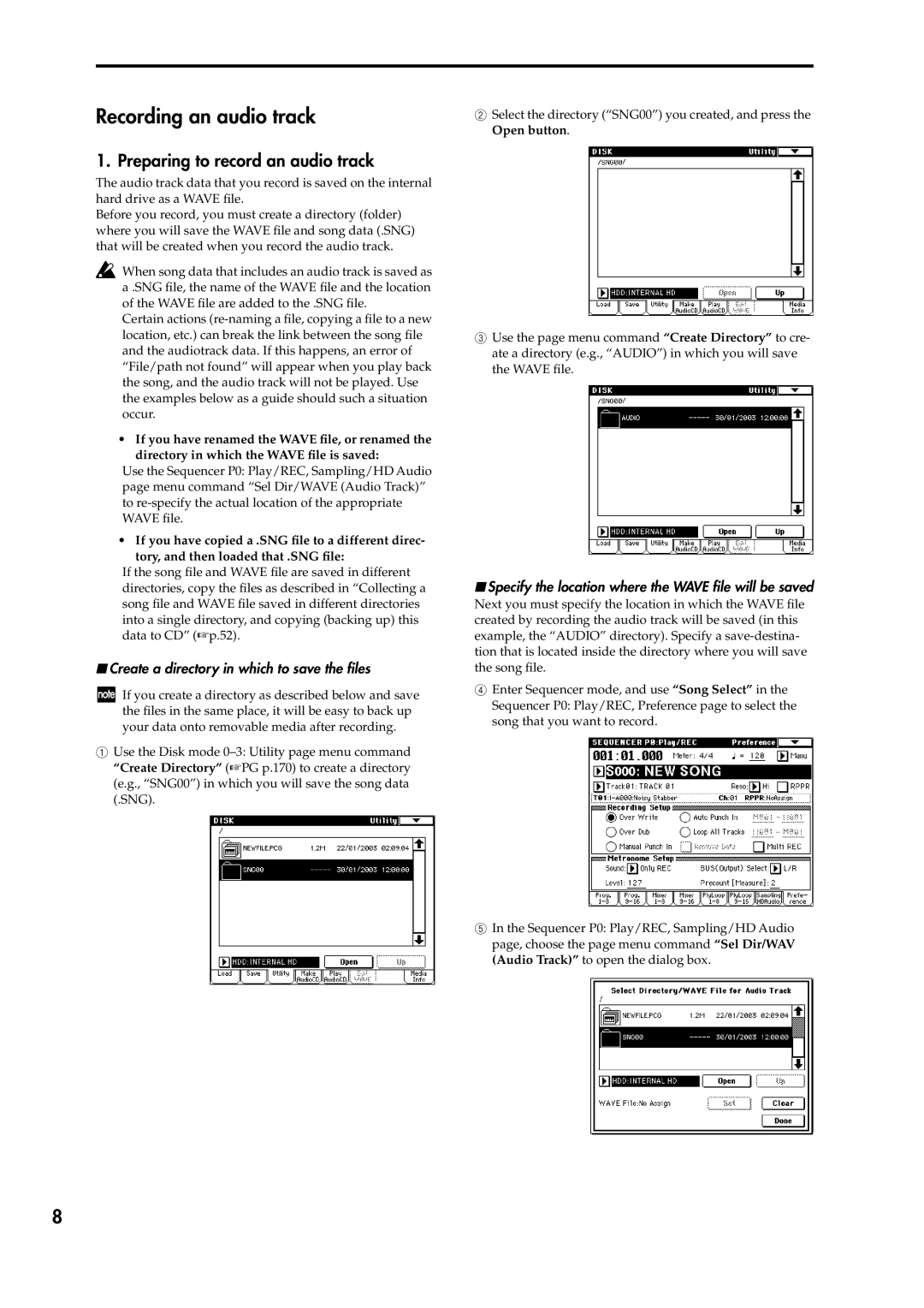 Korg V2 manual Recording an audio track, Preparing to record an audio track, Create a directory in which to save the ﬁles 