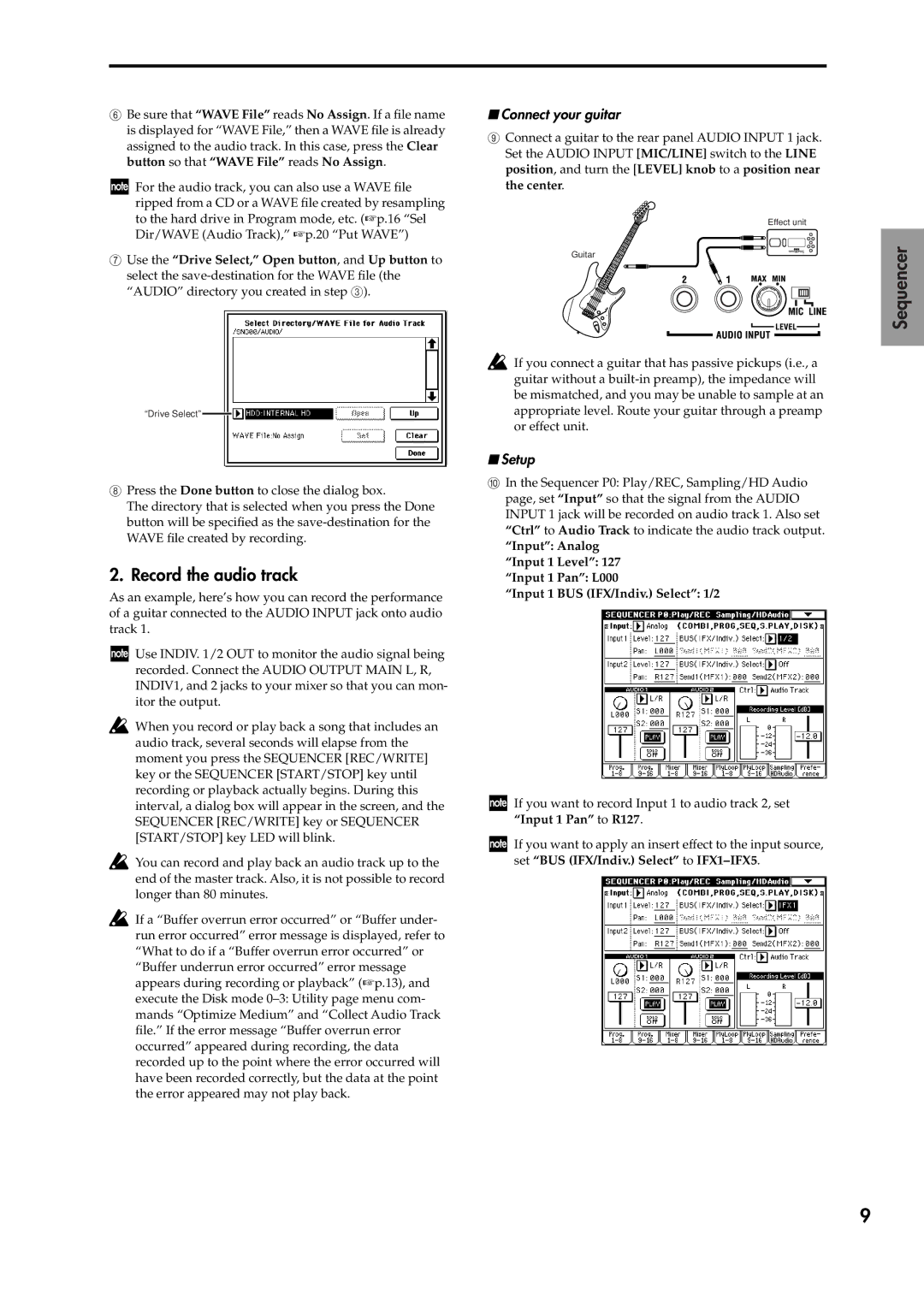 Korg V2 manual Record the audio track, Connect your guitar, Setup 