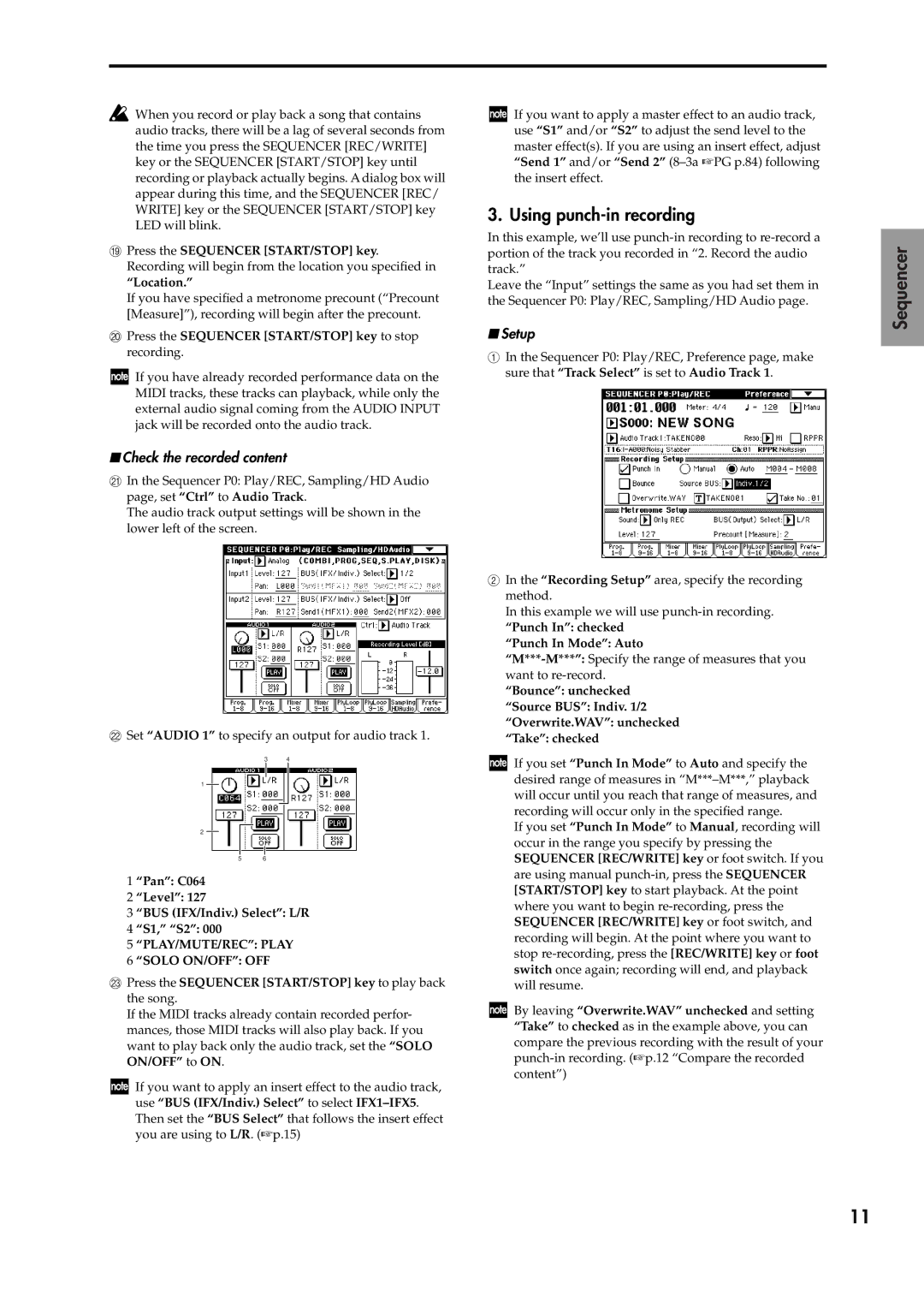 Korg V2 manual Using punch-in recording, Check the recorded content, Press the Sequencer START/STOP key to stop recording 