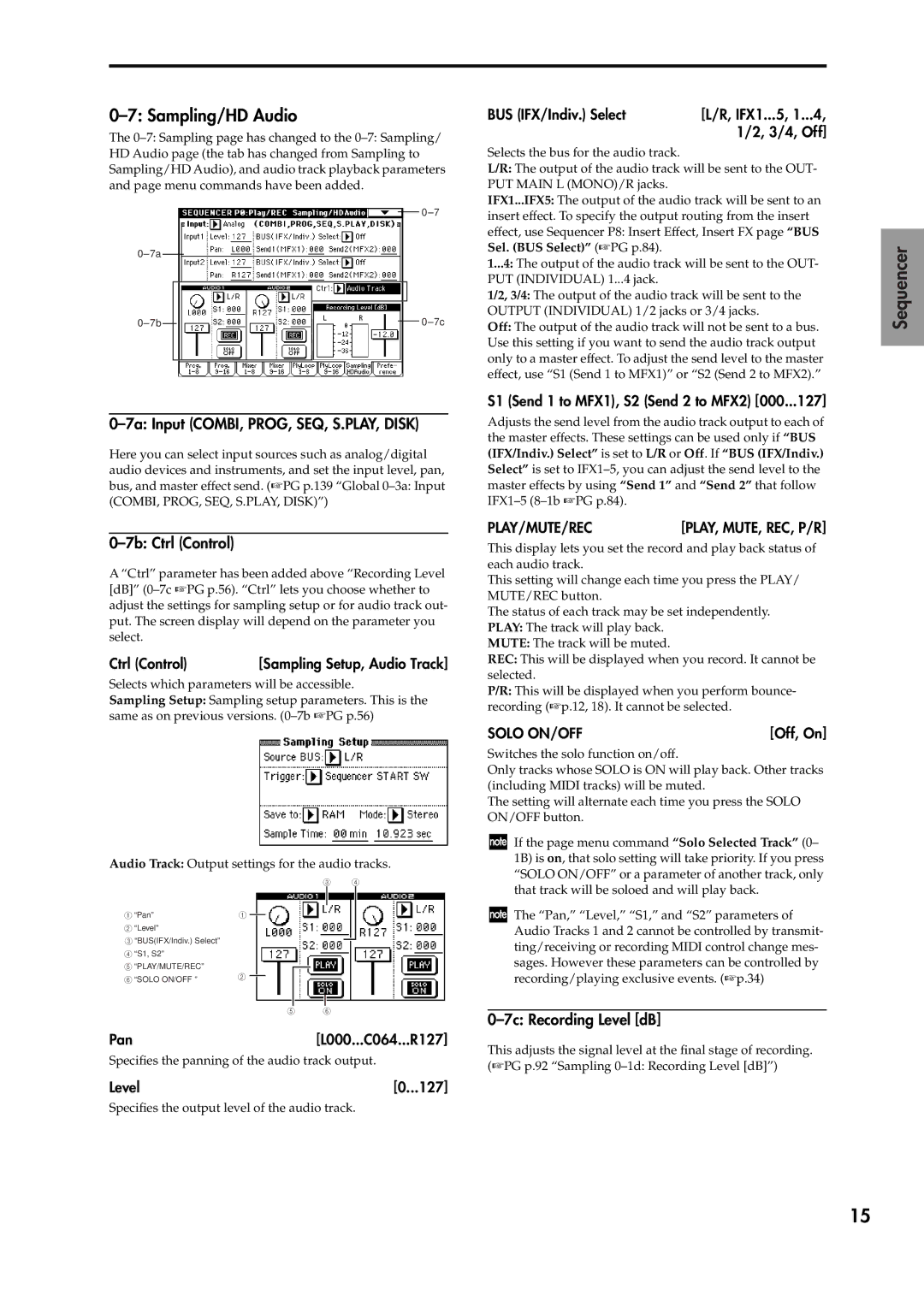 Korg V2 manual Sampling/HD Audio, 7a Input COMBI, PROG, SEQ, S.PLAY, Disk, 7b Ctrl Control, 7c Recording Level dB 