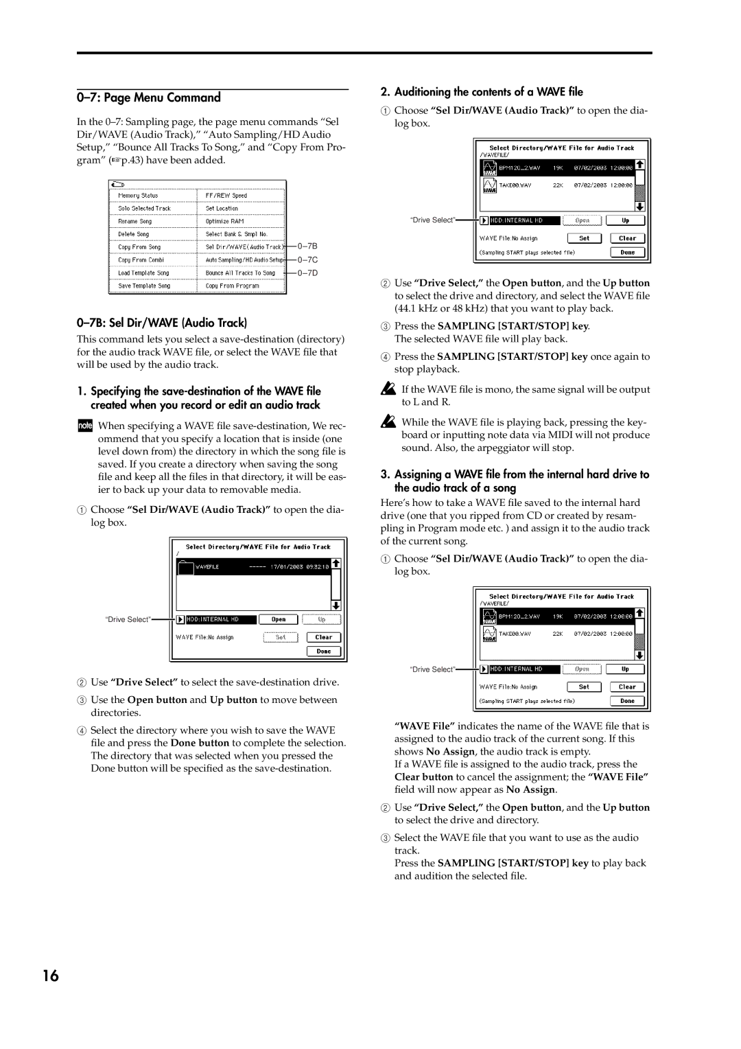 Korg V2 manual Menu Command, 7B Sel Dir/WAVE Audio Track, Auditioning the contents of a Wave ﬁle 