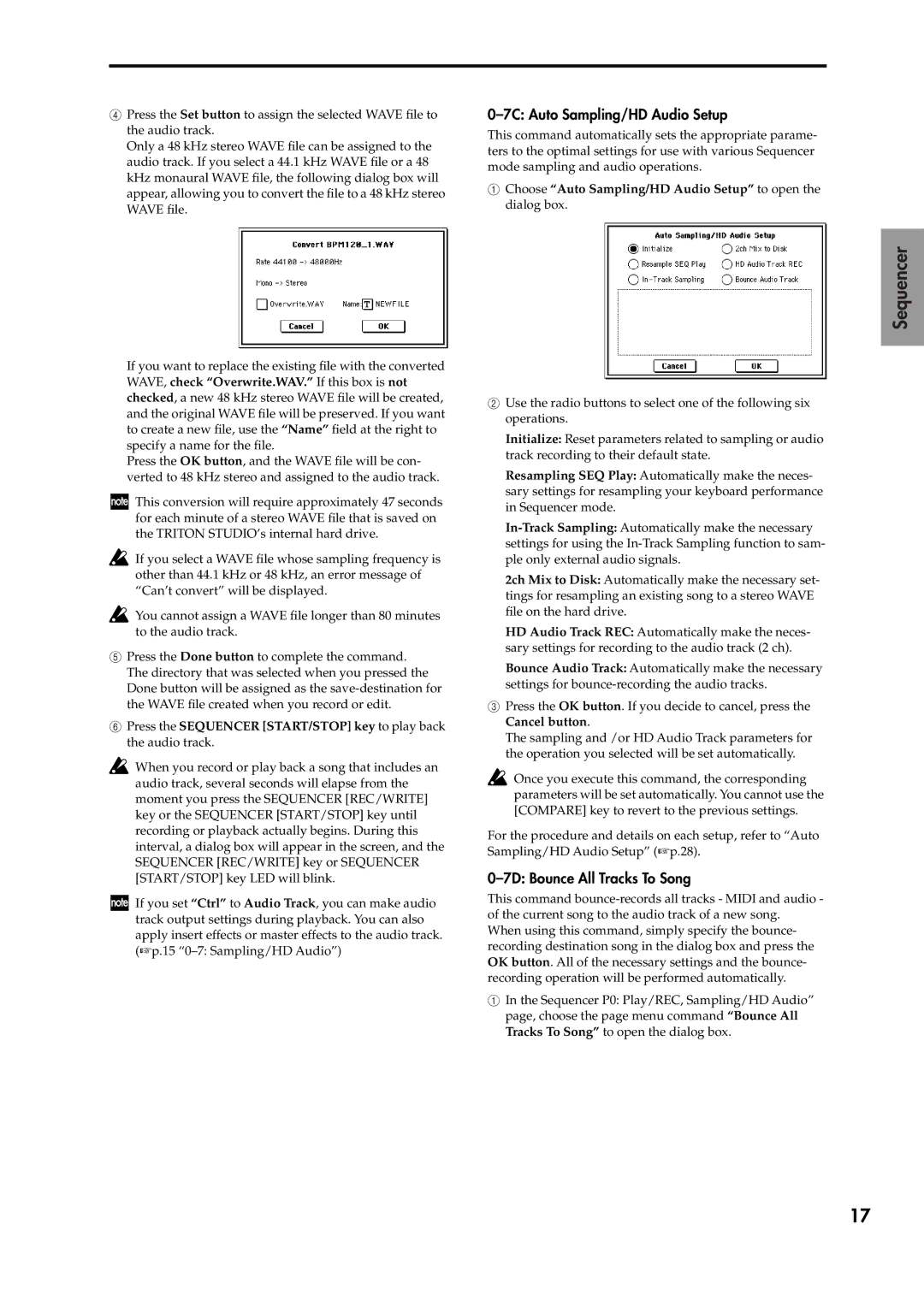 Korg V2 manual 7C Auto Sampling/HD Audio Setup, 7D Bounce All Tracks To Song 