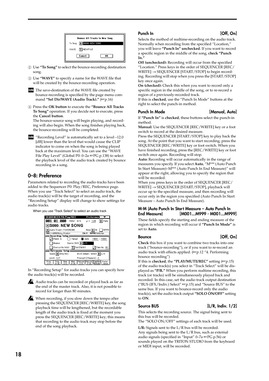 Korg V2 manual Preference, Punch Off, On, Punch In Mode Manual, Auto, Bounce Off, On, Source BUS Indiv /2 