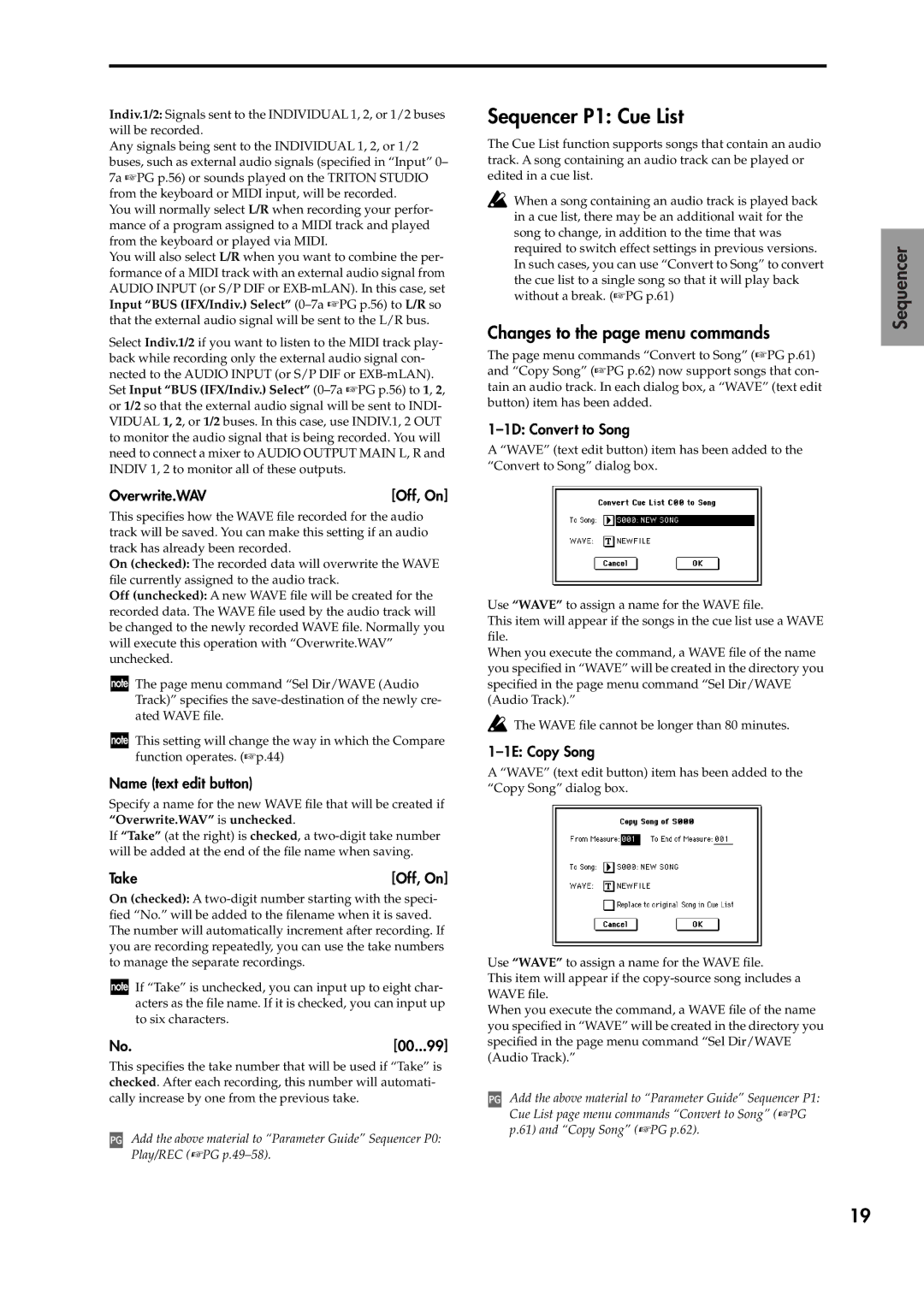 Korg V2 manual Sequencer P1 Cue List, Changes to the page menu commands 