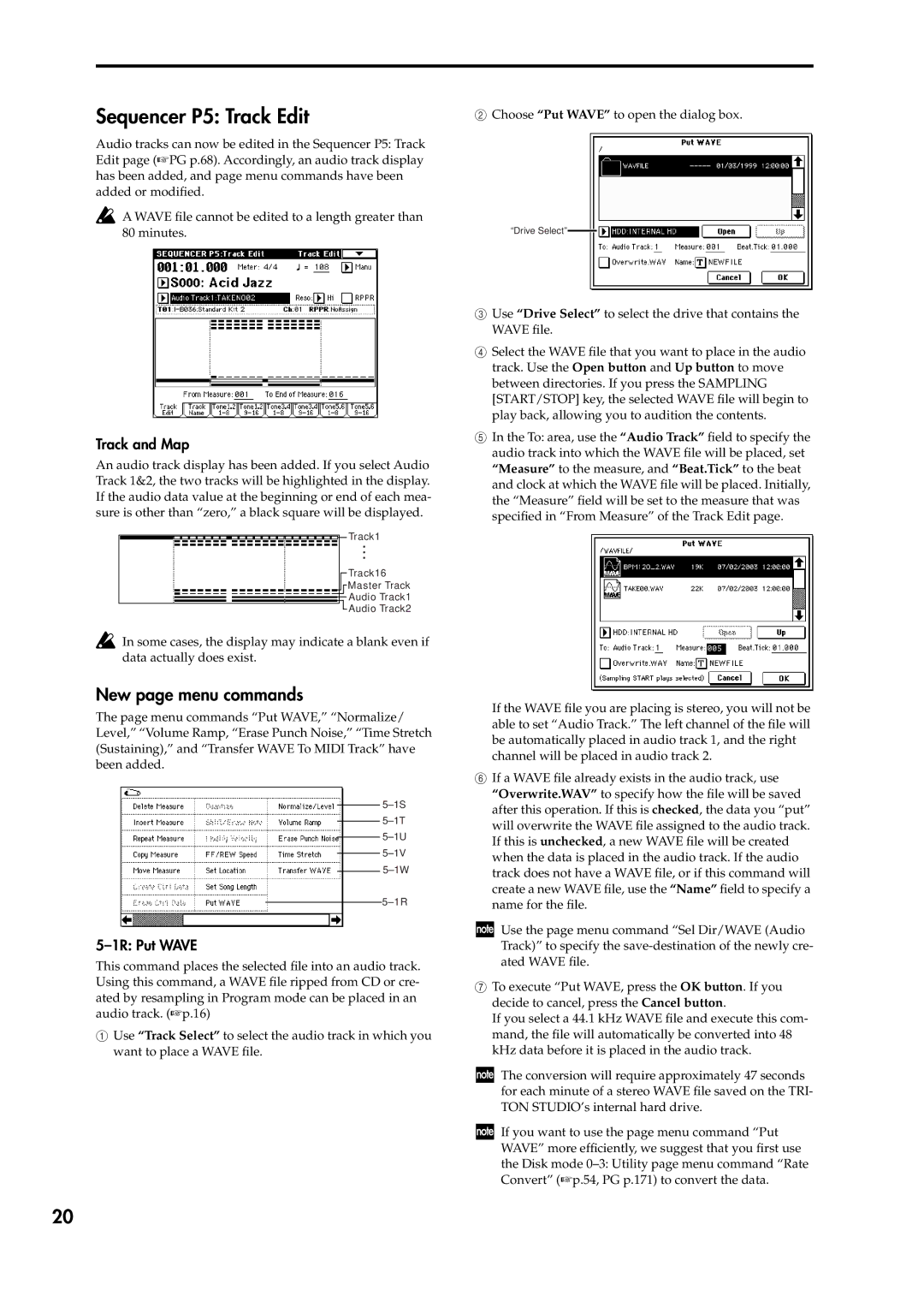 Korg V2 manual Sequencer P5 Track Edit, New page menu commands, Track and Map, 1R Put Wave 