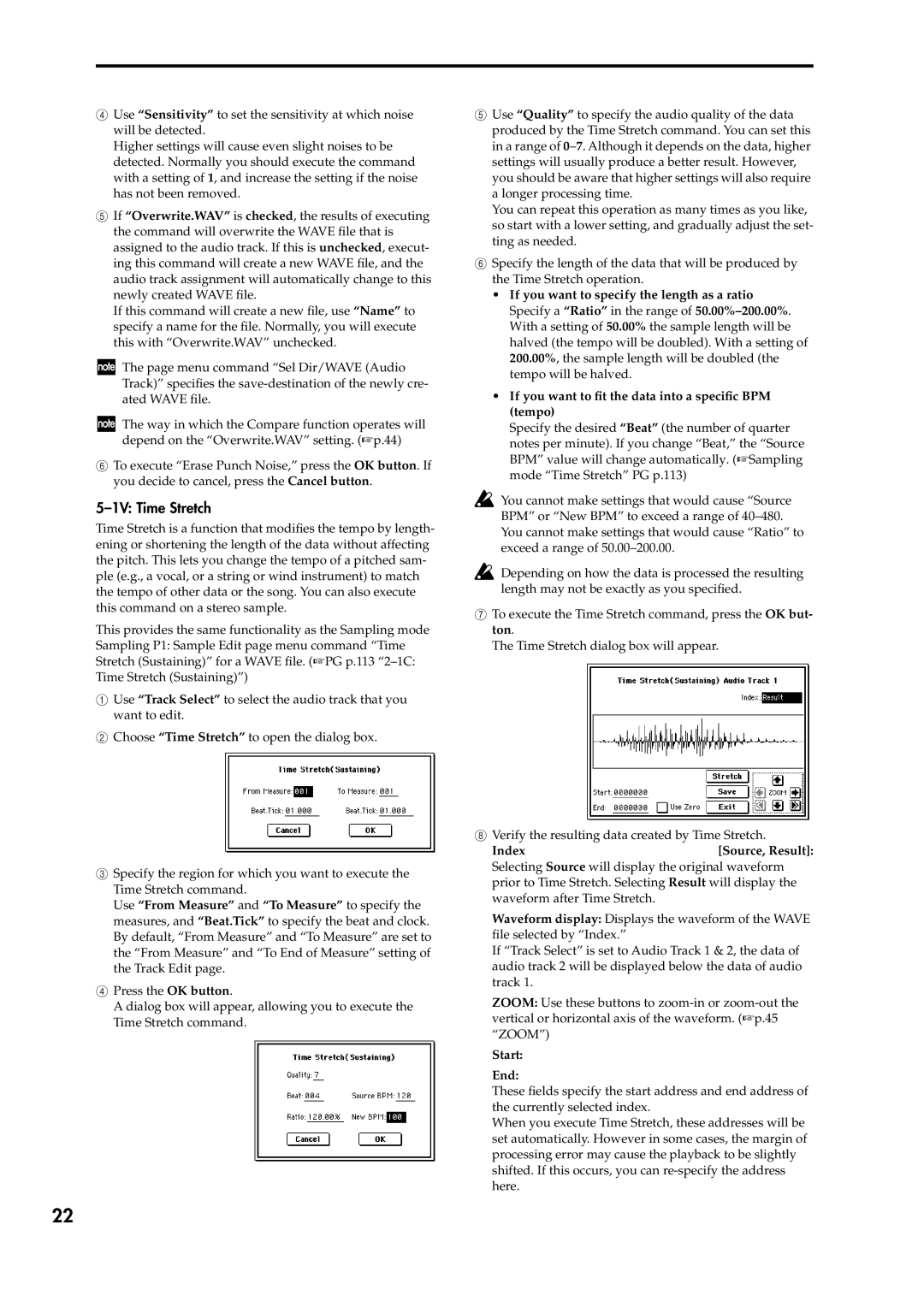 Korg V2 manual 1V Time Stretch, To execute the Time Stretch command, press the OK but- ton, Index, Start End 