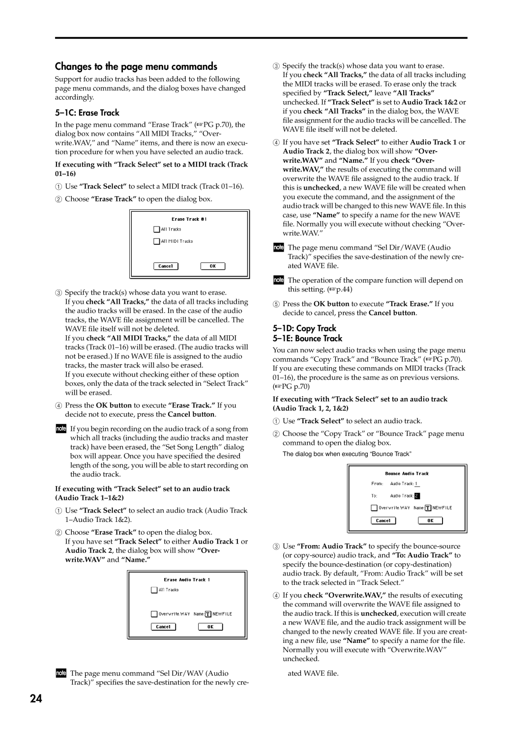 Korg V2 manual 1C Erase Track, 1D Copy Track 1E Bounce Track, If executing with Track Select set to a Midi track Track 