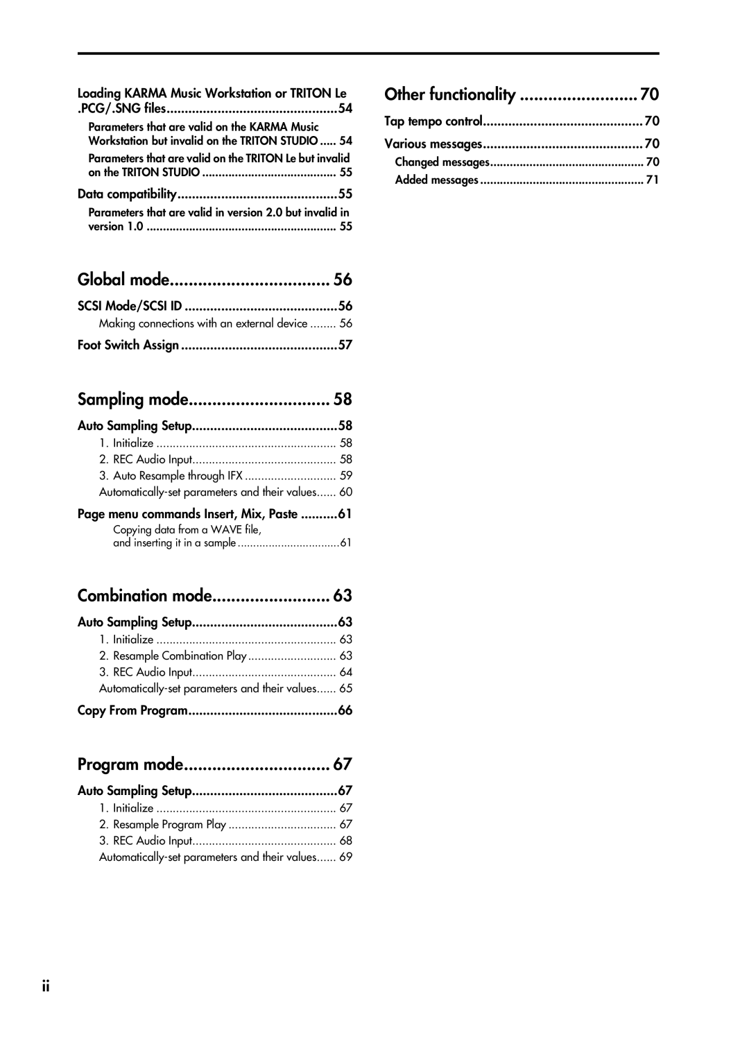 Korg V2 manual Global mode, Sampling mode, Combination mode, Program mode, Other functionality 