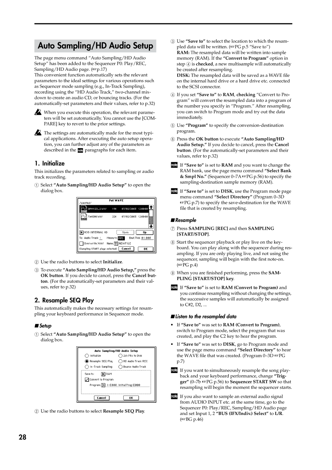 Korg V2 manual Auto Sampling/HD Audio Setup, Initialize, Resample SEQ Play, Listen to the resampled data 