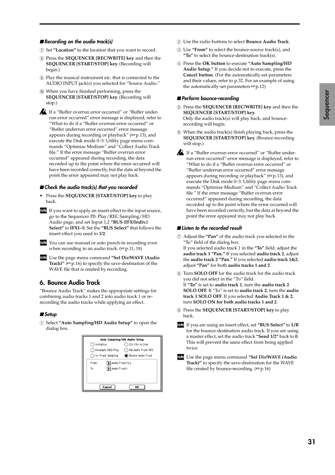 Korg V2 manual Bounce Audio Track, Recording on the audio tracks, Check the audio tracks that you recorded 