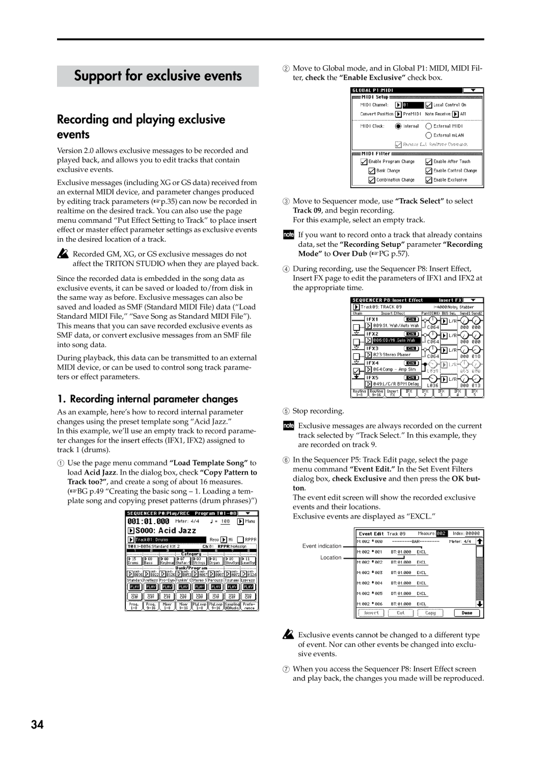 Korg V2 manual Support for exclusive events, Recording and playing exclusive events, Recording internal parameter changes 