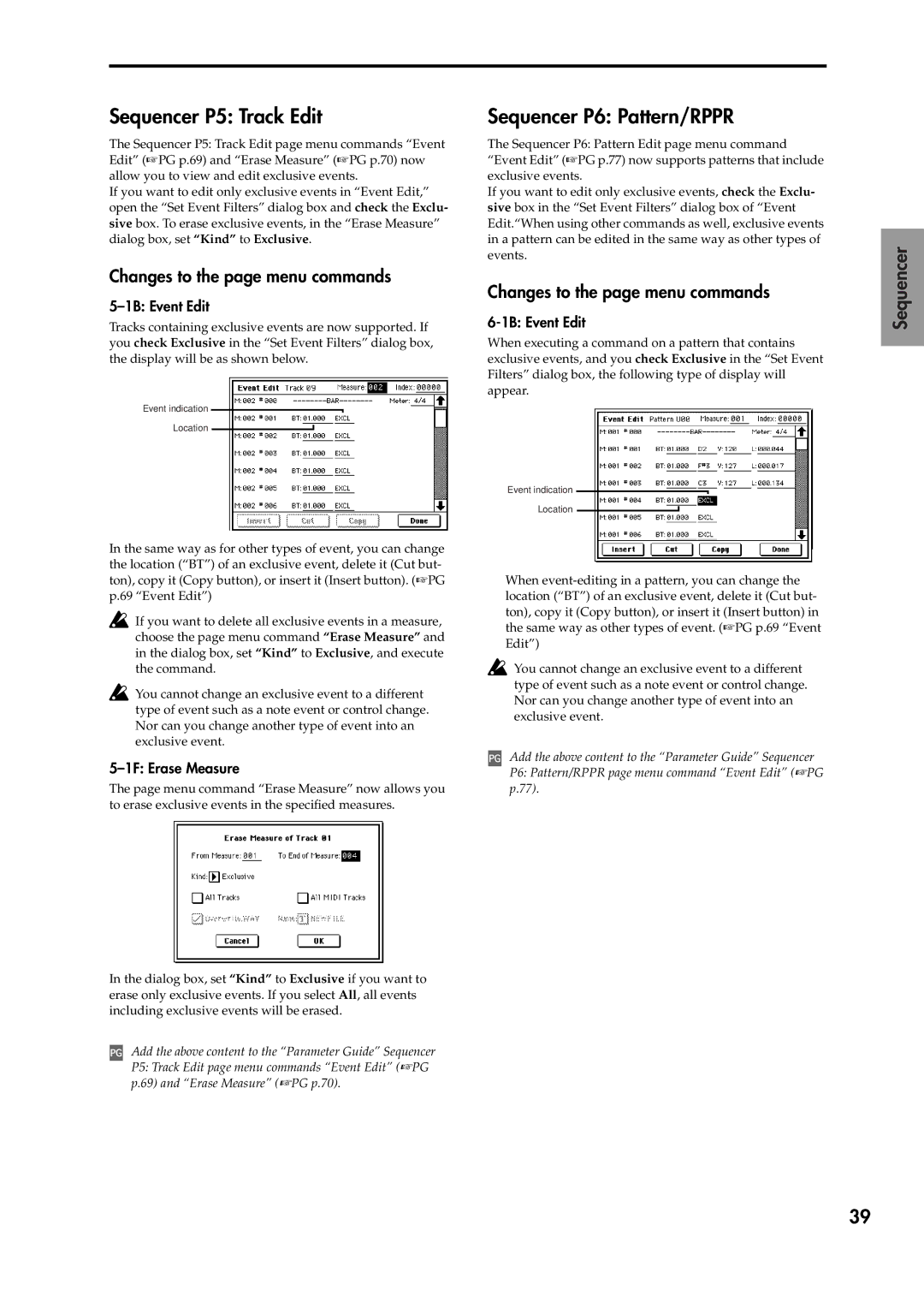 Korg V2 manual Sequencer P6 Pattern/RPPR, 1B Event Edit, 1F Erase Measure 