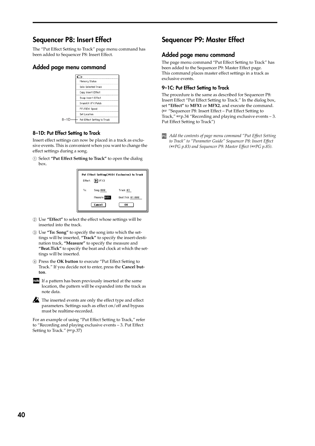 Korg V2 Sequencer P8 Insert Effect, Sequencer P9 Master Effect, Added page menu command, 1D Put Effect Setting to Track 