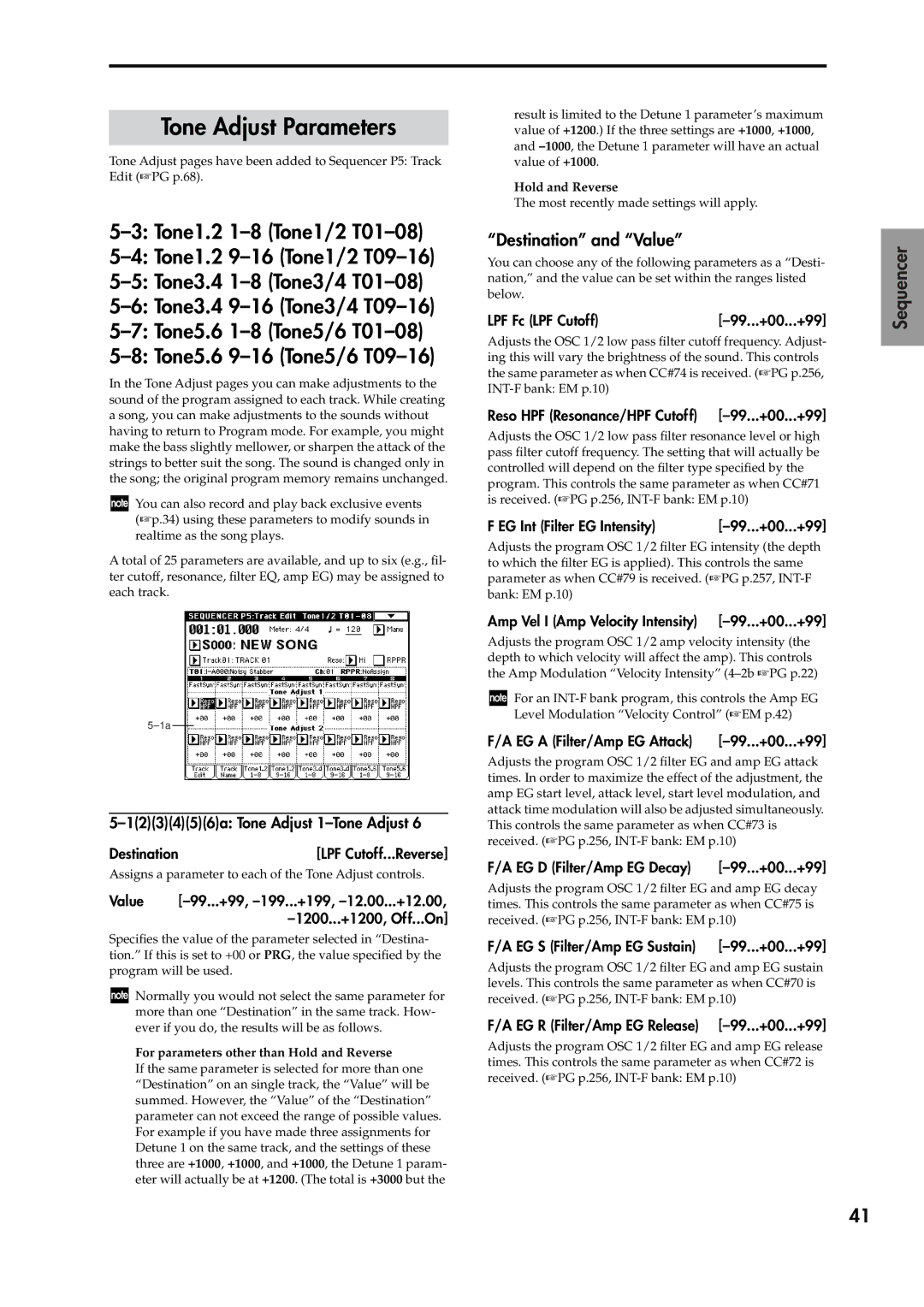 Korg V2 manual Tone Adjust Parameters, Destination and Value, 123456a Tone Adjust 1-Tone Adjust 