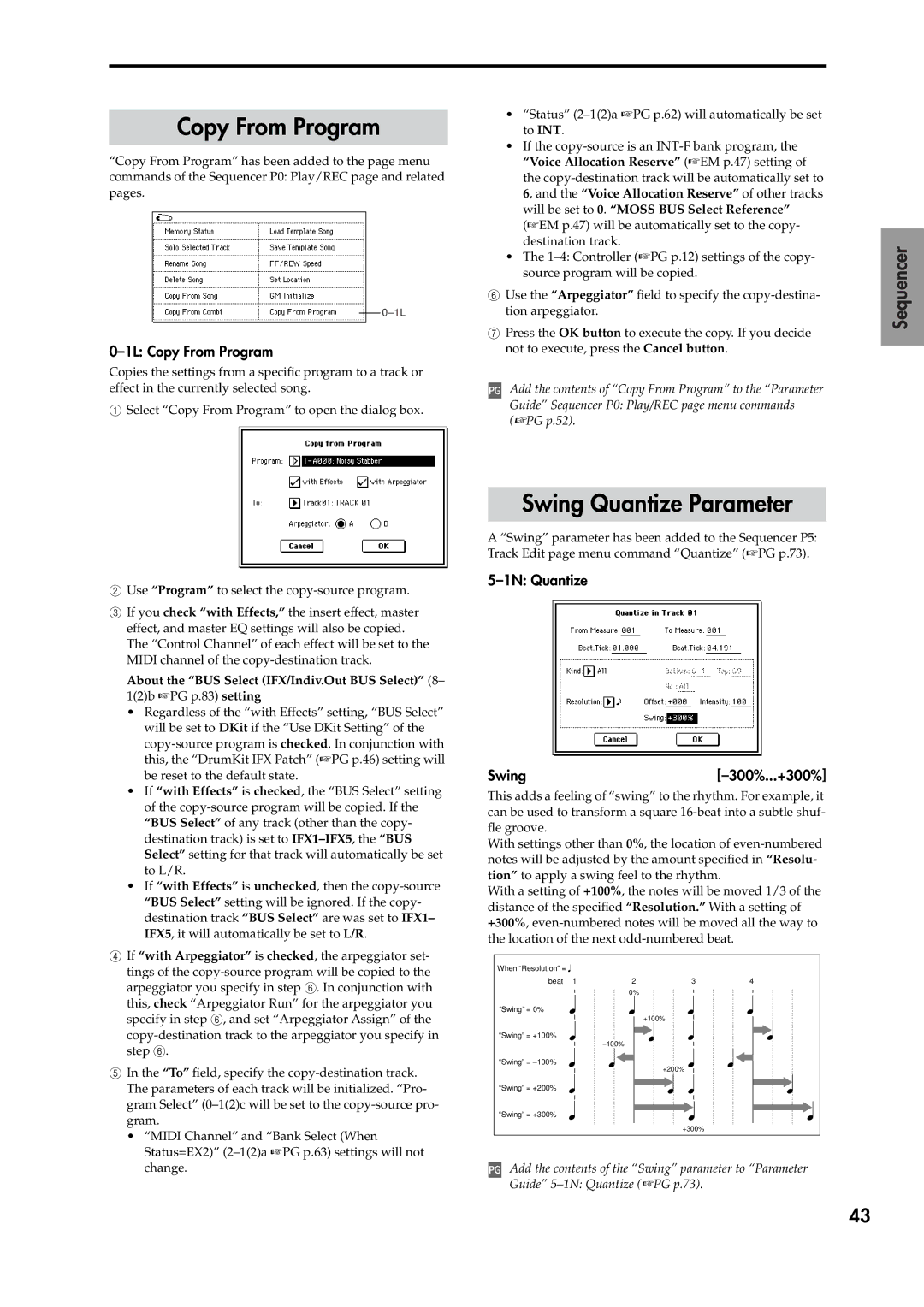 Korg V2 manual Swing Quantize Parameter, 1L Copy From Program, 1N Quantize Swing 300%...+300% 