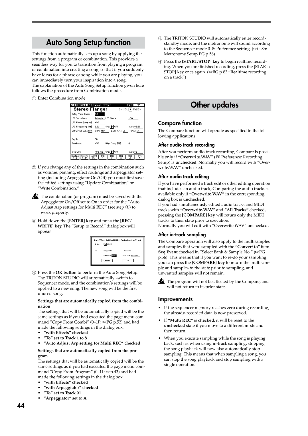 Korg V2 manual Auto Song Setup function, Other updates, Compare function, Improvements 