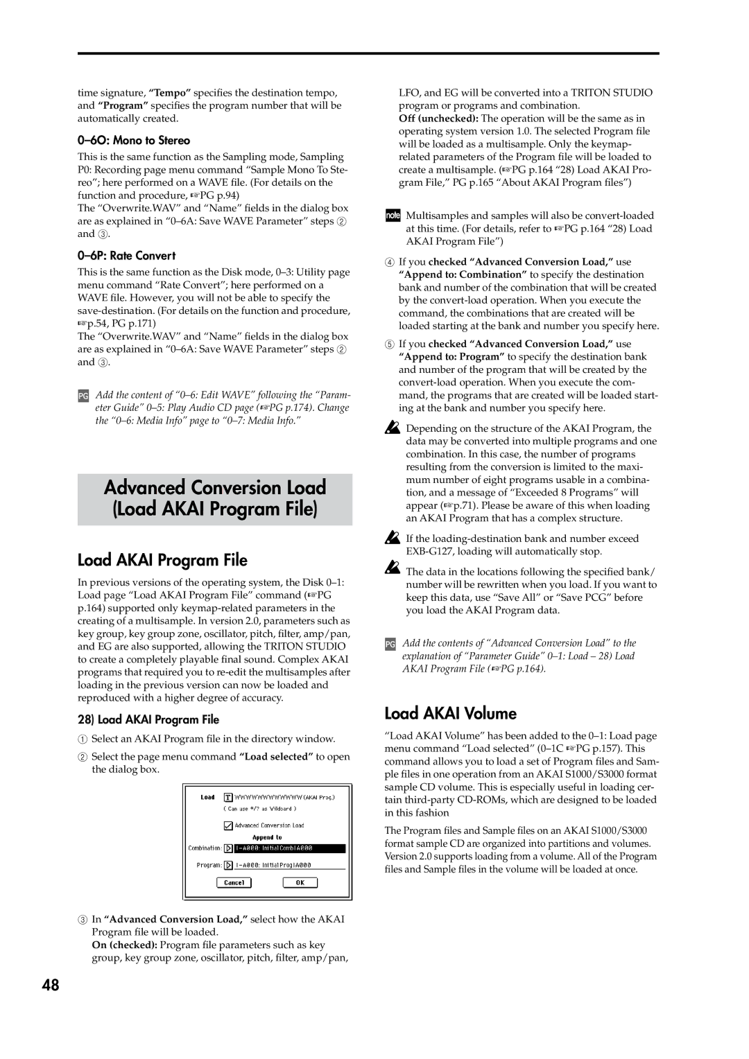 Korg V2 manual Advanced Conversion Load Load Akai Program File, Load Akai Volume 