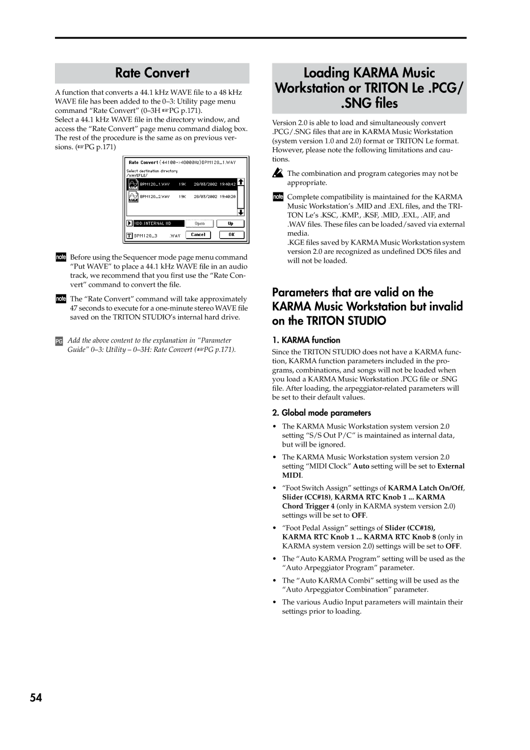 Korg V2 Rate Convert, Loading Karma Music Workstation or Triton Le .PCG SNG ﬁles, Karma function, Global mode parameters 