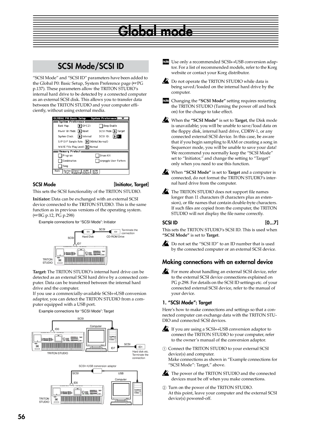 Korg V2 manual Global mode, Scsi Mode/SCSI ID, Making connections with an external device, Scsi Mode Initiator, Target 