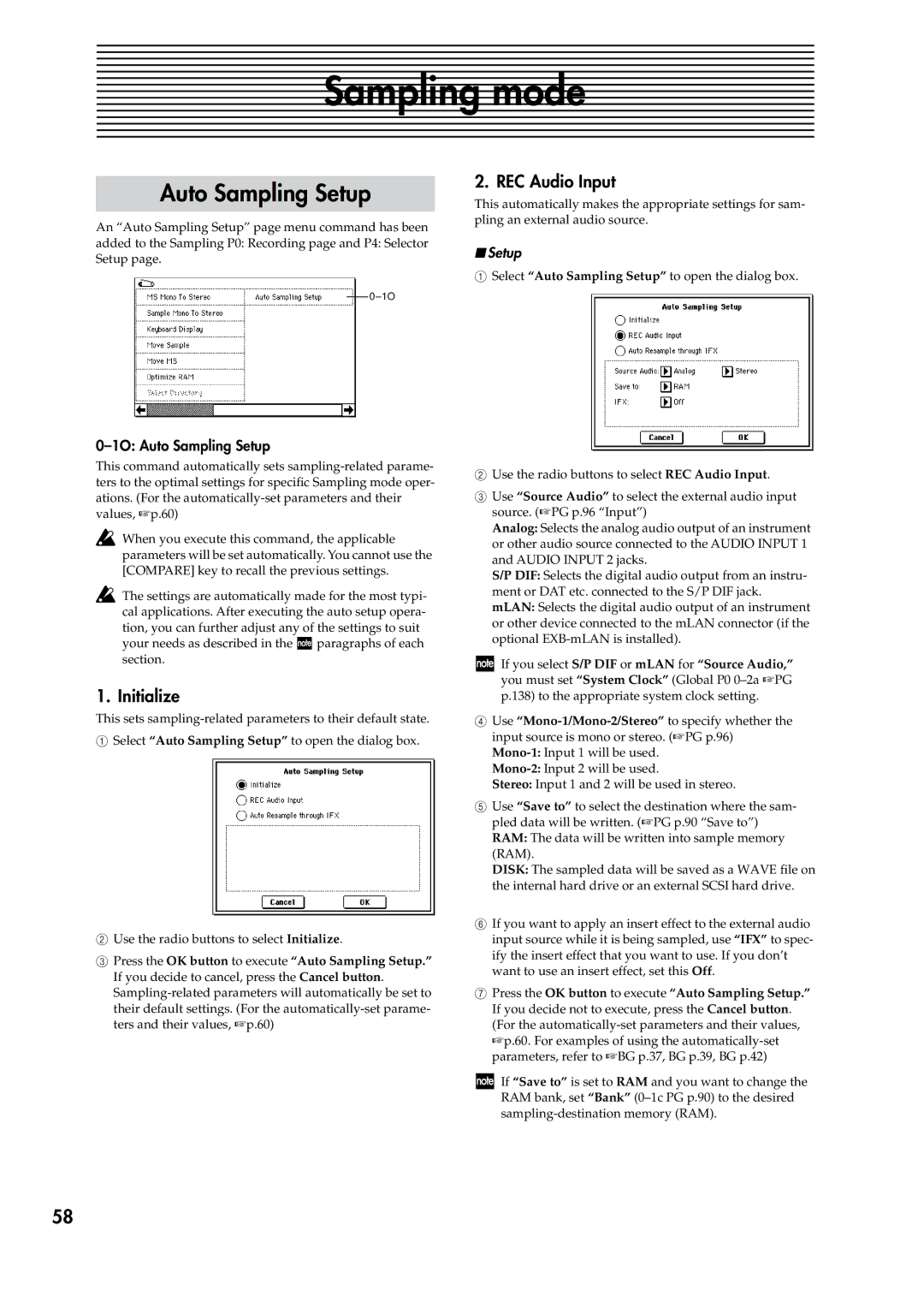 Korg V2 manual Sampling mode, REC Audio Input, 1O Auto Sampling Setup 