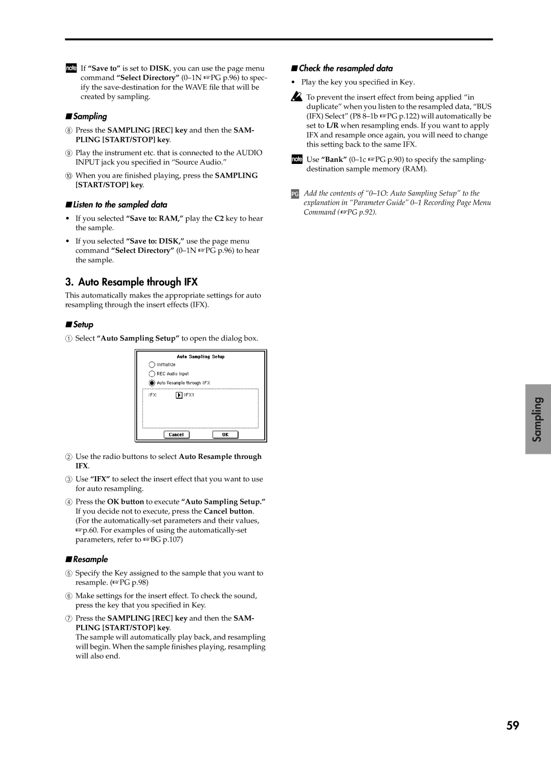 Korg V2 manual Auto Resample through IFX, Sampling, Check the resampled data 