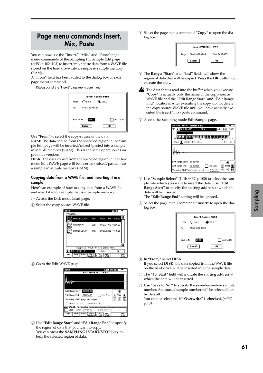 Korg V2 Menu commands Insert Mix, Paste, Copying data from a Wave ﬁle, and inserting it in a sample, From, select Disk 