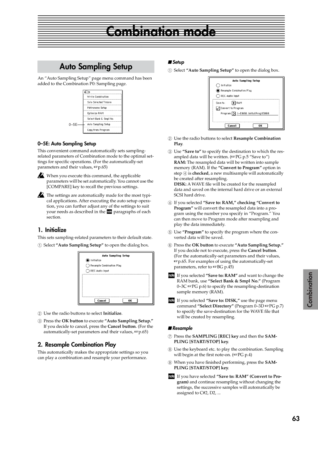 Korg V2 manual Combination mode, Resample Combination Play, 5E Auto Sampling Setup 