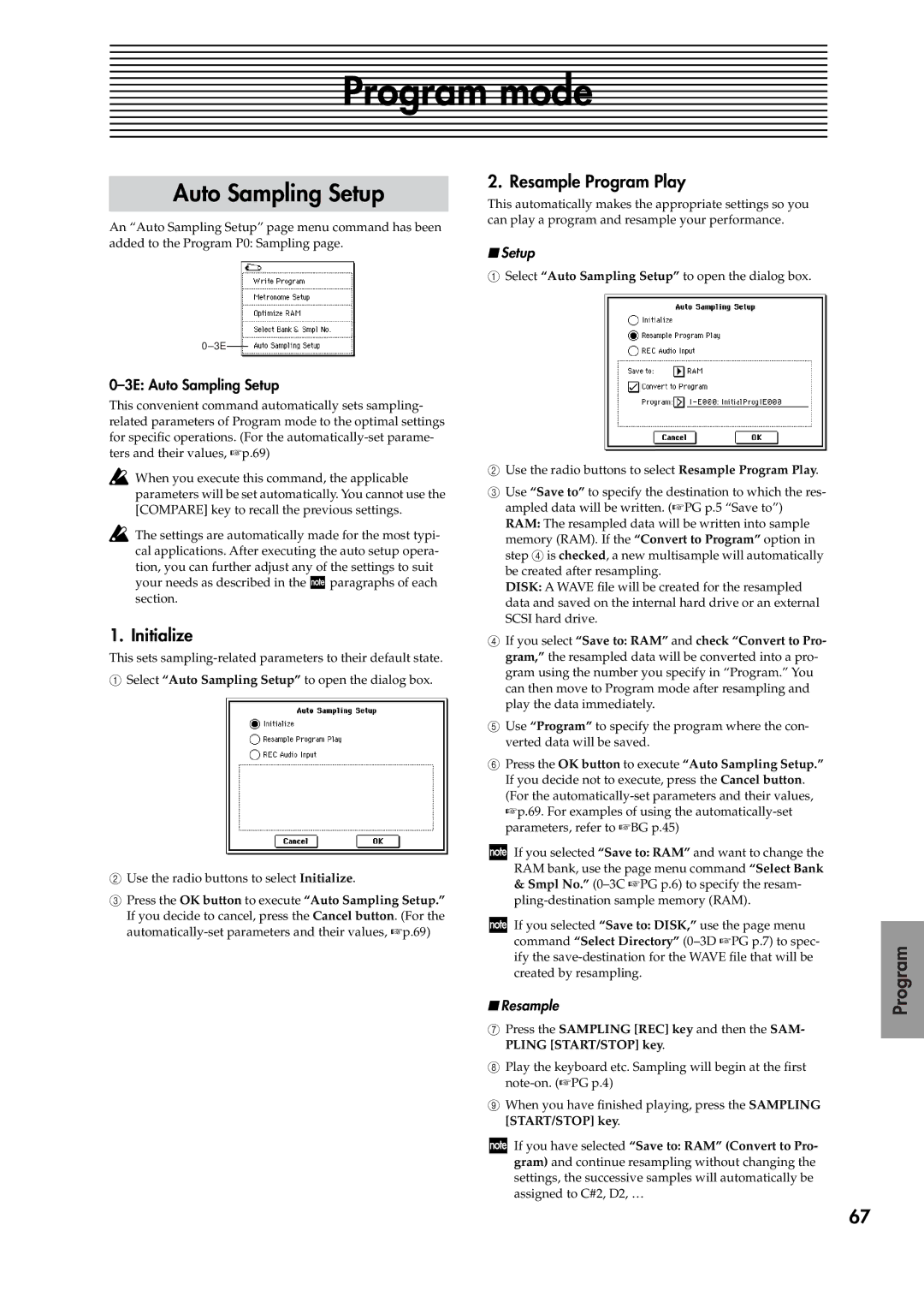 Korg V2 manual Program mode, Resample Program Play, 3E Auto Sampling Setup 