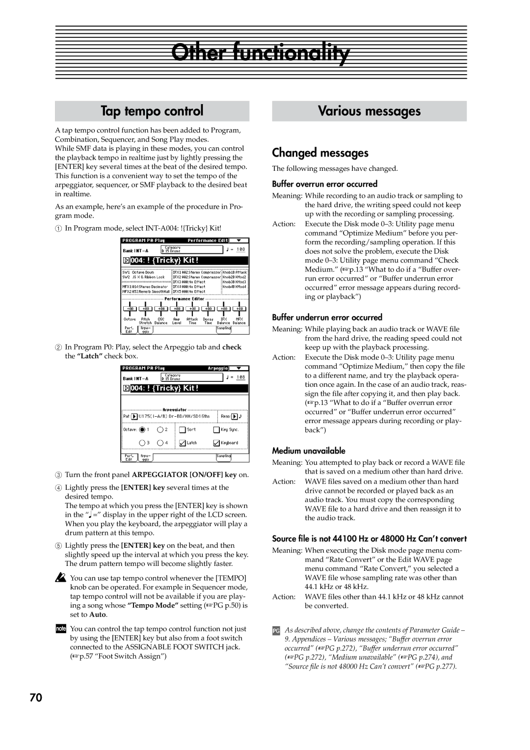 Korg V2 manual Other functionality, Tap tempo control, Various messages, Changed messages 