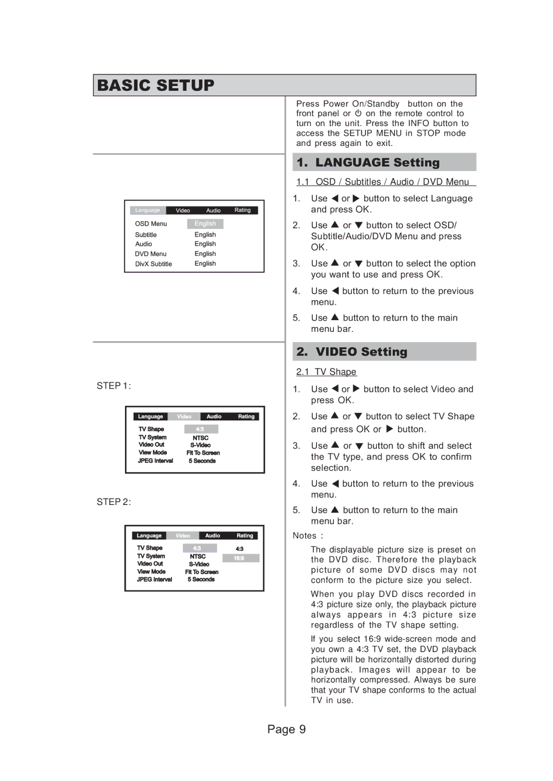 Koss 625p, 525p manual Basic Setup, Language Setting, Video Setting, OSD / Subtitles / Audio / DVD Menu, TV Shape 